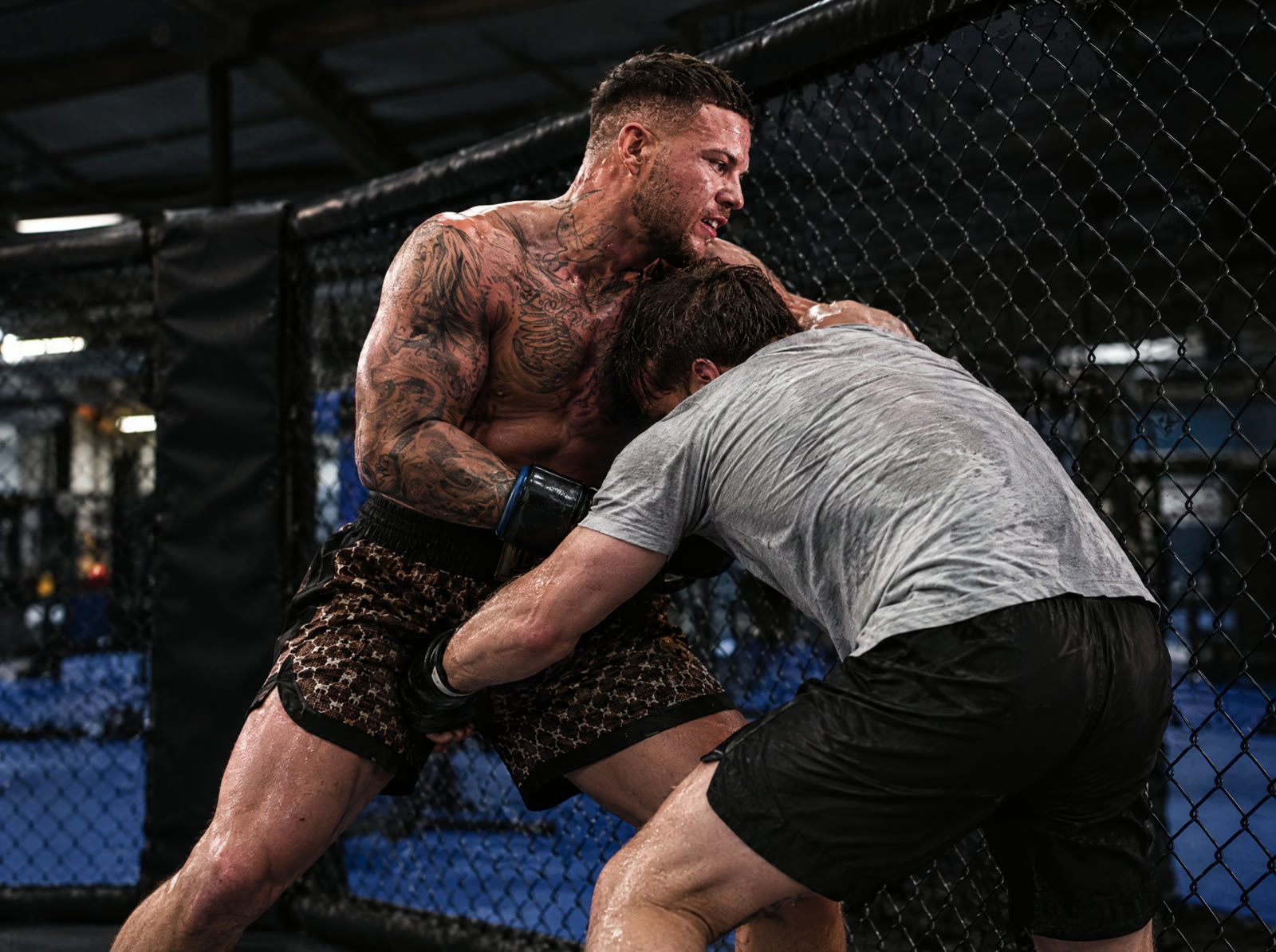 MMA fighters clinched against the Union Thai cage